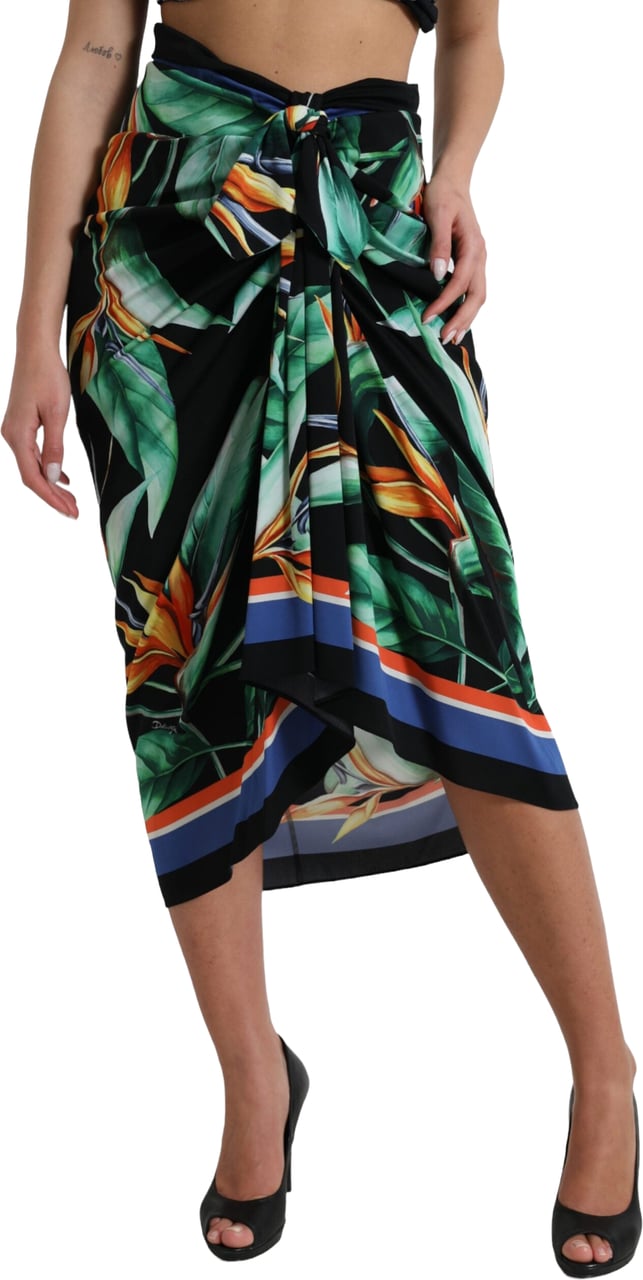 Dolce & Gabbana Black Strelitzia High Waist Wrap Midi Skirt Zwart