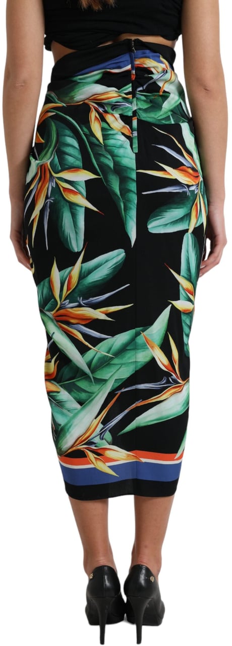 Dolce & Gabbana Black Strelitzia High Waist Wrap Midi Skirt Zwart