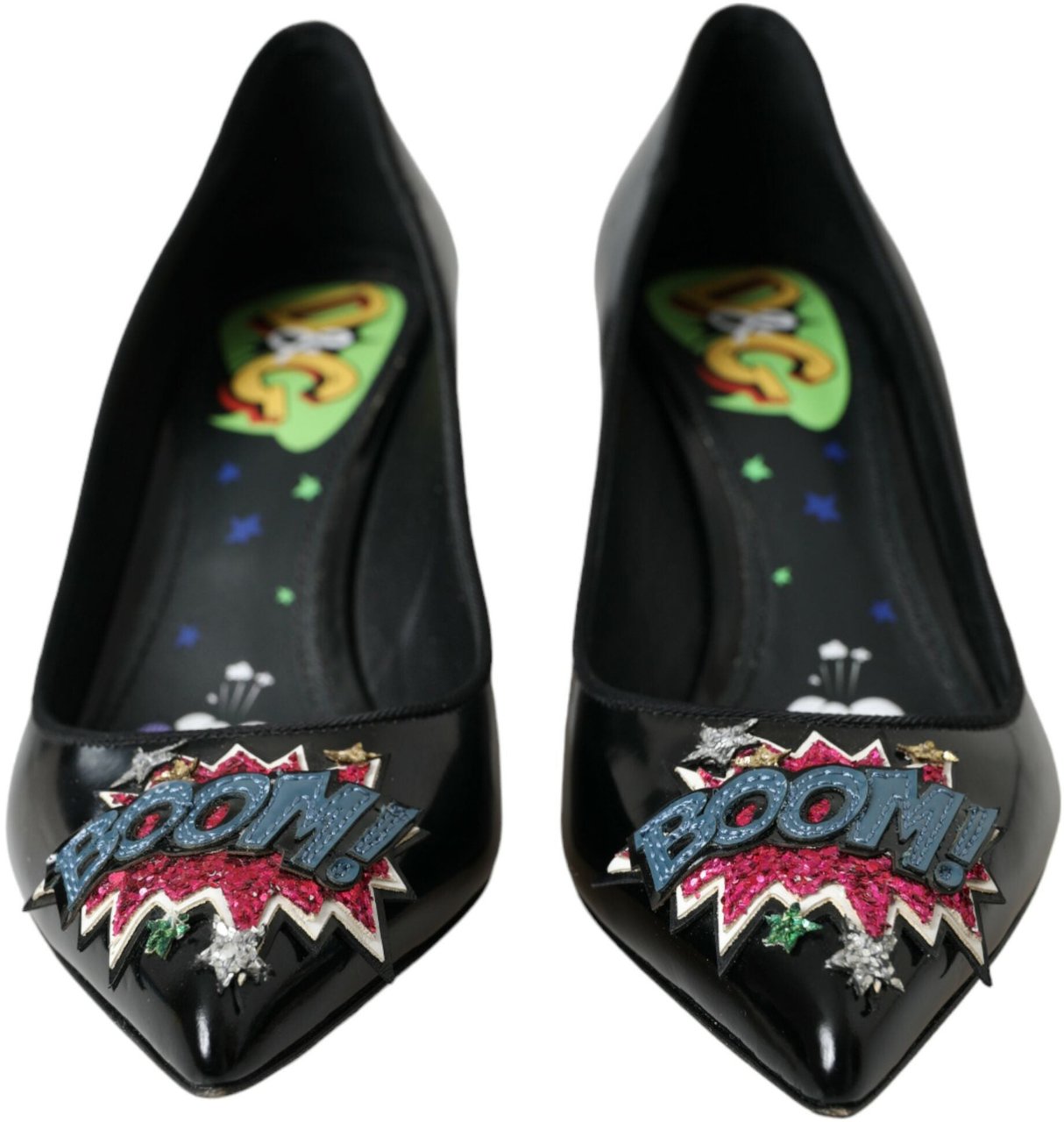 Dolce & Gabbana Black Leather BOOM Patch Heels Pumps Shoes Zwart