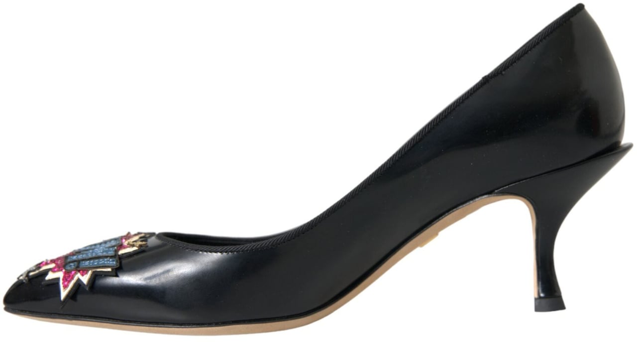 Dolce & Gabbana Black Leather BOOM Patch Heels Pumps Shoes Zwart