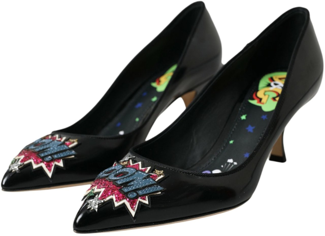 Dolce & Gabbana Black Leather BOOM Patch Heels Pumps Shoes Zwart