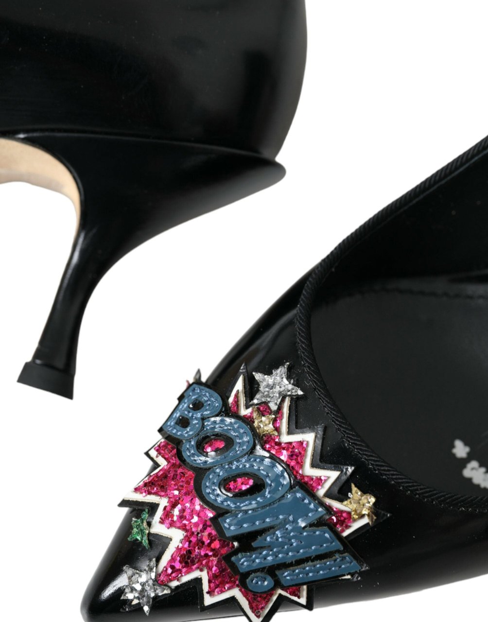 Dolce & Gabbana Black Leather BOOM Patch Heels Pumps Shoes Zwart