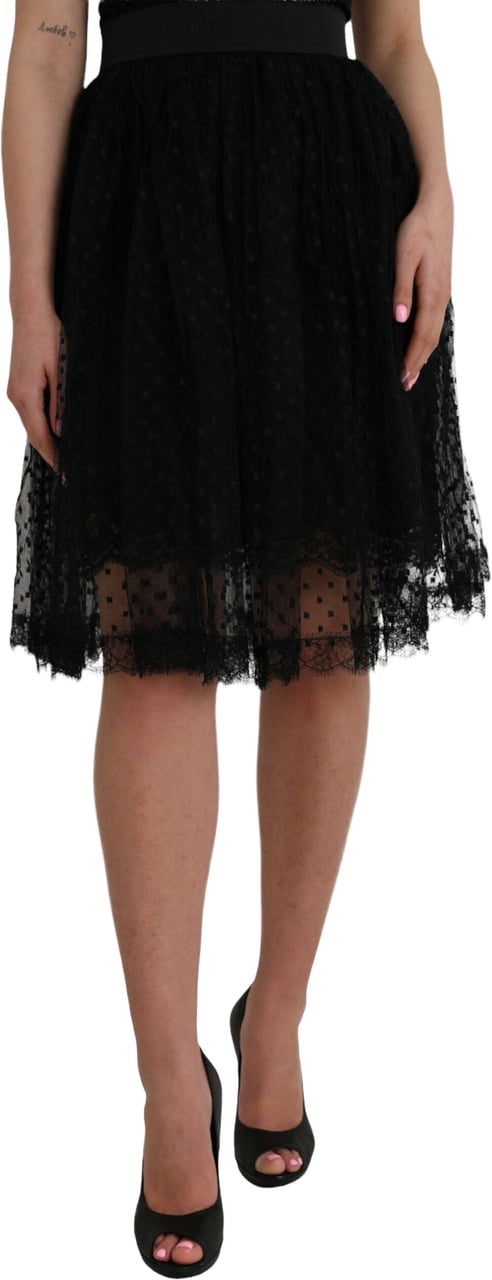 Dolce & Gabbana Black Nylon Lace Trim High Waist A-line Skirt Zwart