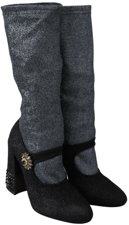 Dolce & Gabbana Black Crystal Mary Janes Booties Shoes Zwart
