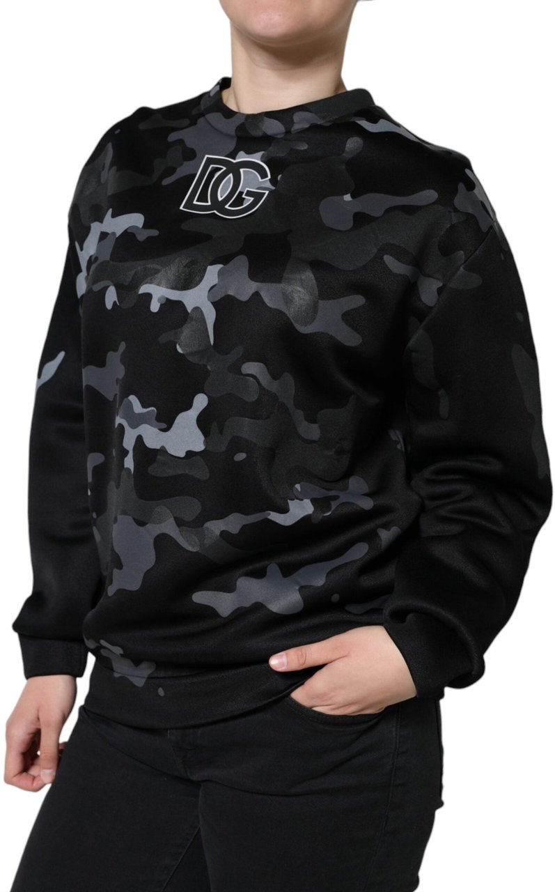 Dolce & Gabbana Black Camouflage Round Neck Sweatshirt Sweater Zwart