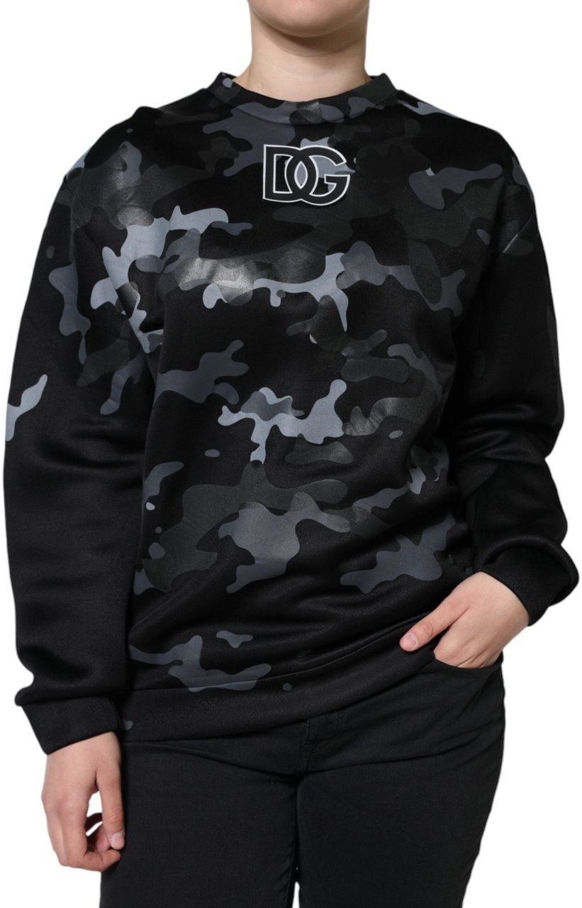 Dolce & Gabbana Black Camouflage Round Neck Sweatshirt Sweater Zwart