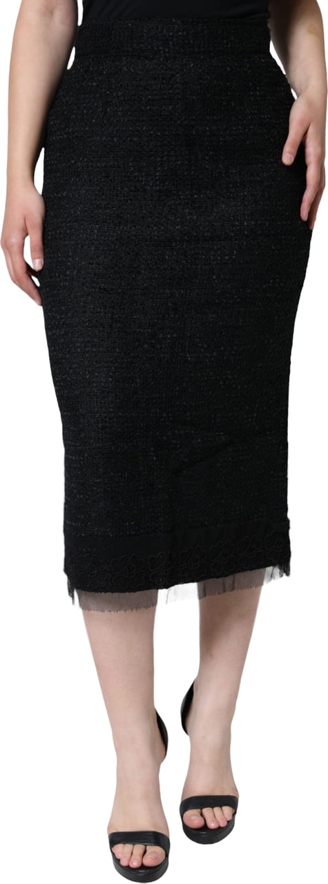 Dolce & Gabbana Black Virgin Wool Pencil Cut Midi Skirt Zwart