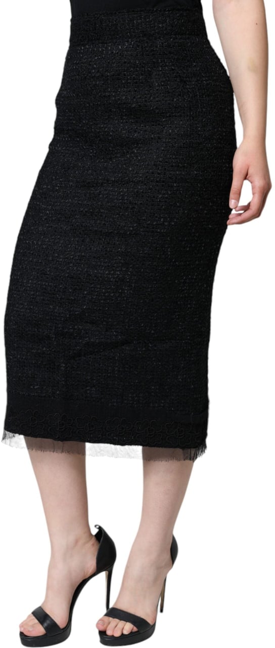 Dolce & Gabbana Black Virgin Wool Pencil Cut Midi Skirt Zwart