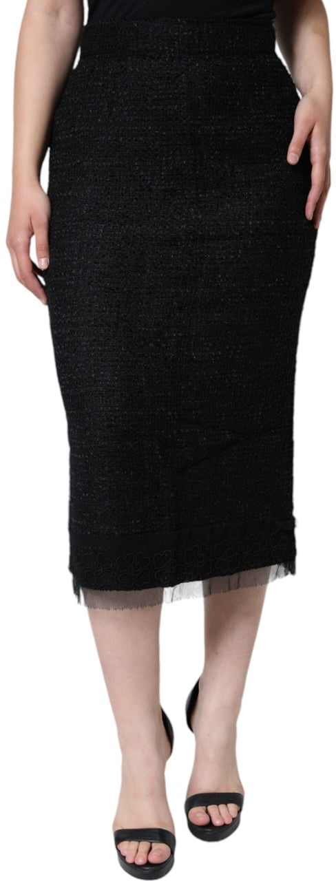 Dolce & Gabbana Black Virgin Wool Pencil Cut Midi Skirt Zwart