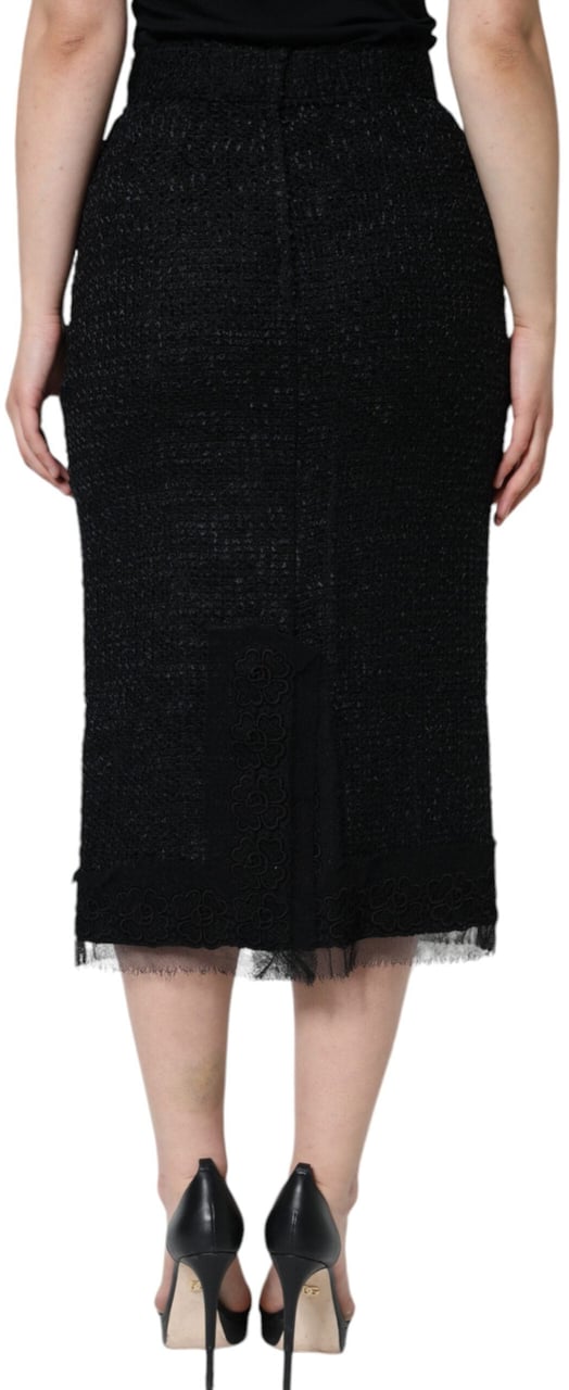 Dolce & Gabbana Black Virgin Wool Pencil Cut Midi Skirt Zwart
