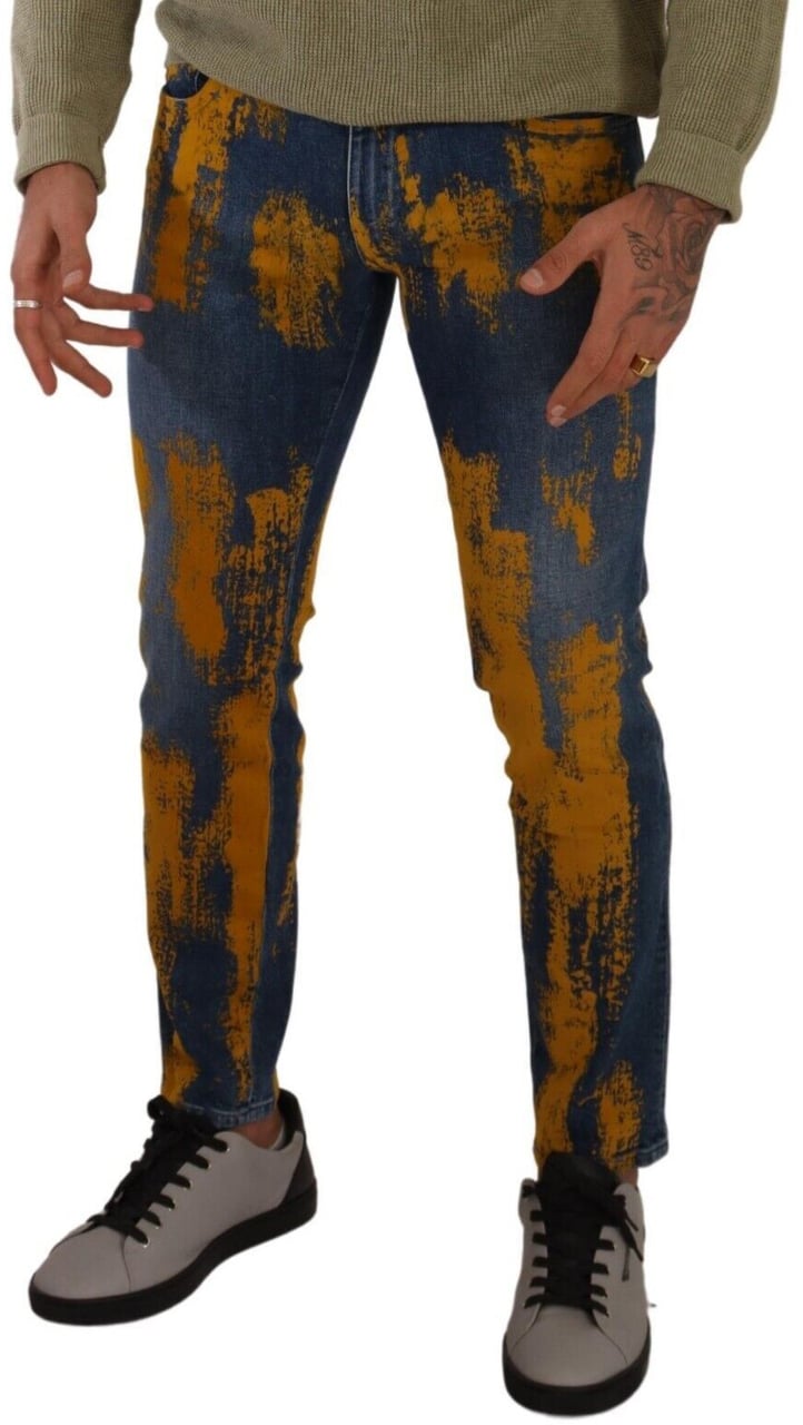 Dolce & Gabbana Blue Yellow Dye Cotton Skinny Men Denim Jeans Blauw