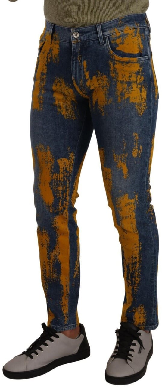 Dolce & Gabbana Blue Yellow Dye Cotton Skinny Men Denim Jeans Blauw