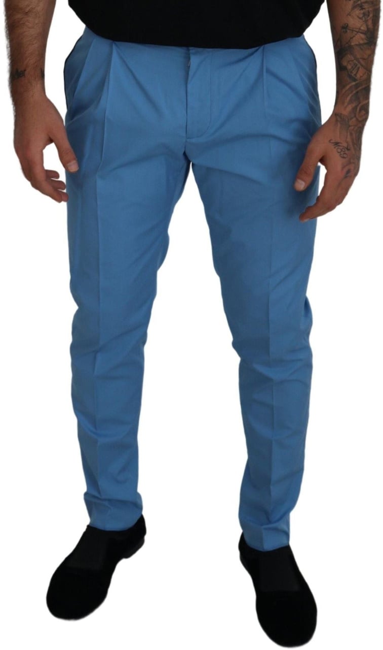 Dolce & Gabbana Blue Cotton Silk Trousers Chinos Pants Blauw