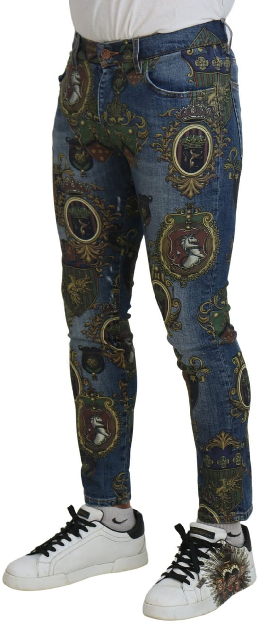 Dolce & Gabbana Blue Medal Print Slim Fit Cotton Jeans Blauw