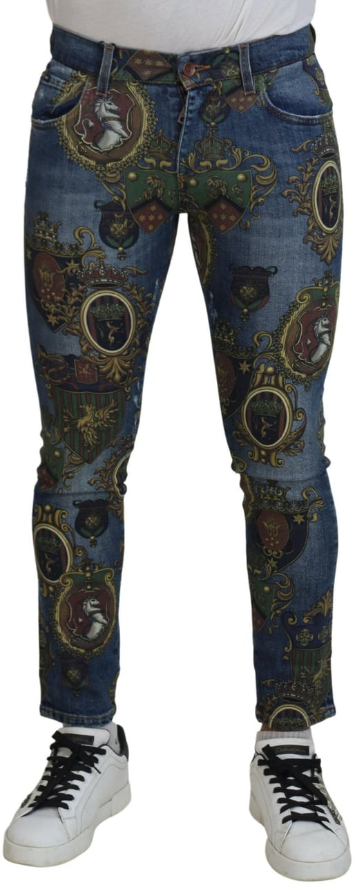 Dolce & Gabbana Blue Medal Print Slim Fit Cotton Jeans Blauw