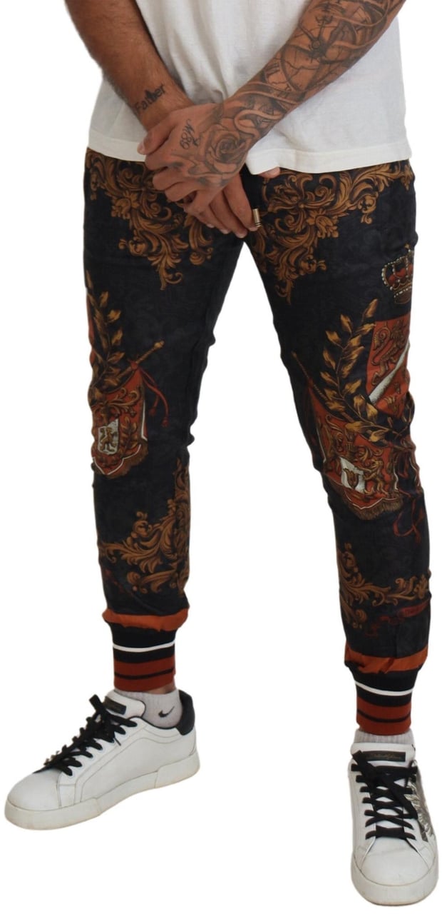 Dolce & Gabbana Gray Silk Baroque Crown Trousers Sport Pants Grijs