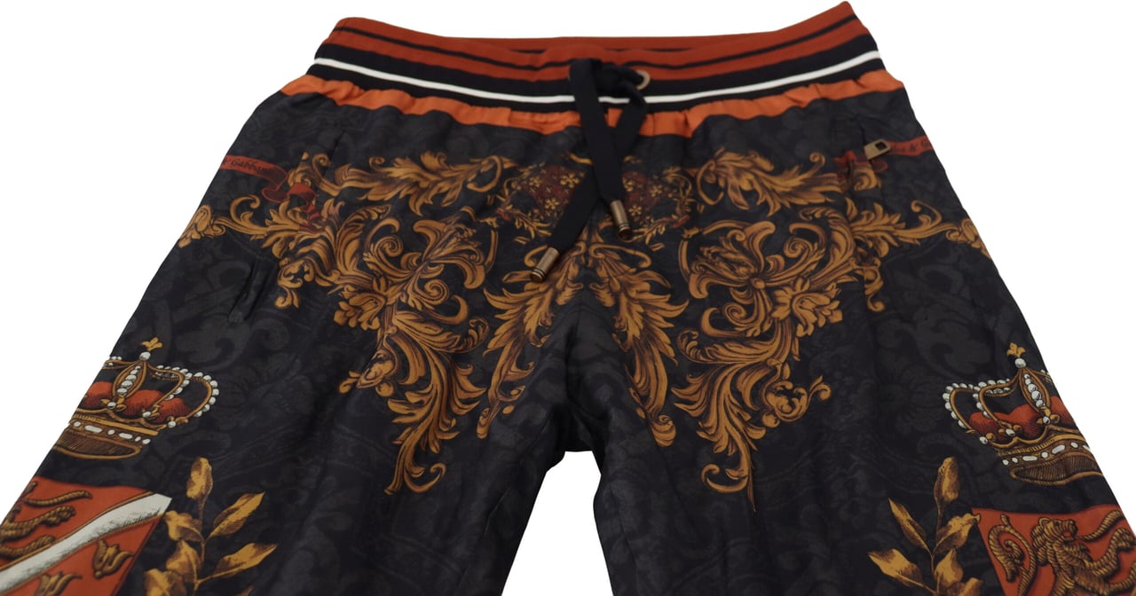 Dolce & Gabbana Gray Silk Baroque Crown Trousers Sport Pants Grijs