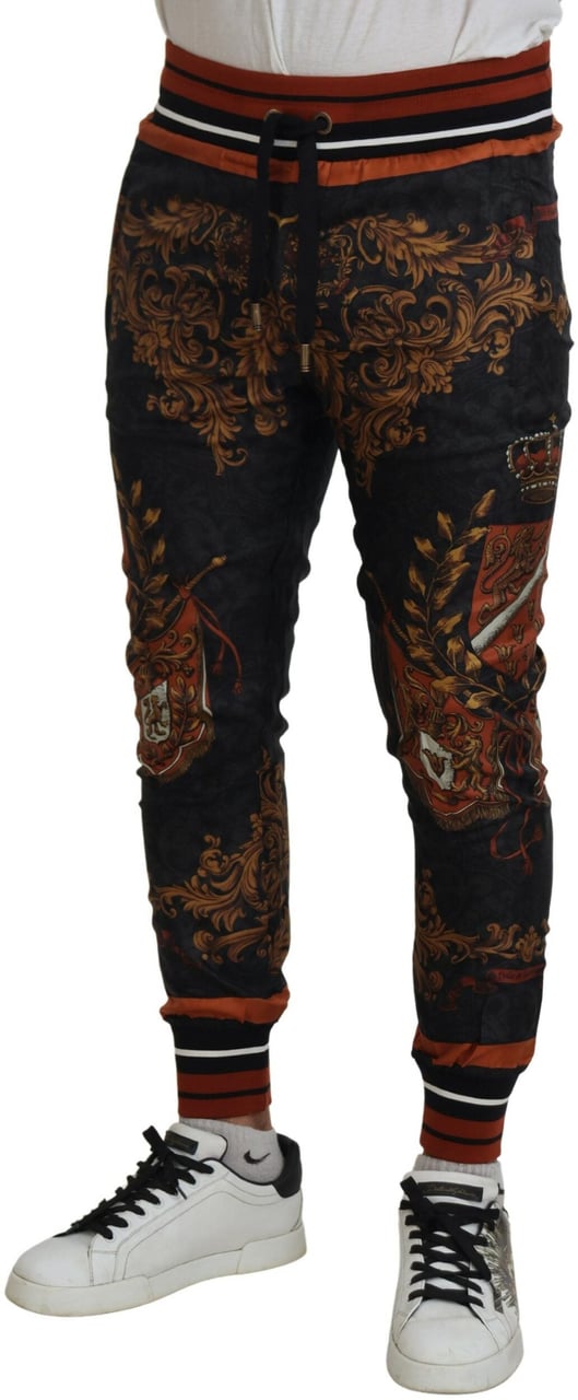 Dolce & Gabbana Gray Silk Baroque Crown Trousers Sport Pants Grijs