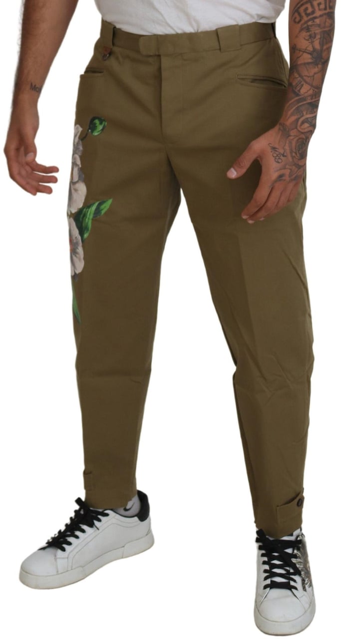 Dolce & Gabbana Beige Cotton Stretch Floral Chinos Pants Beige