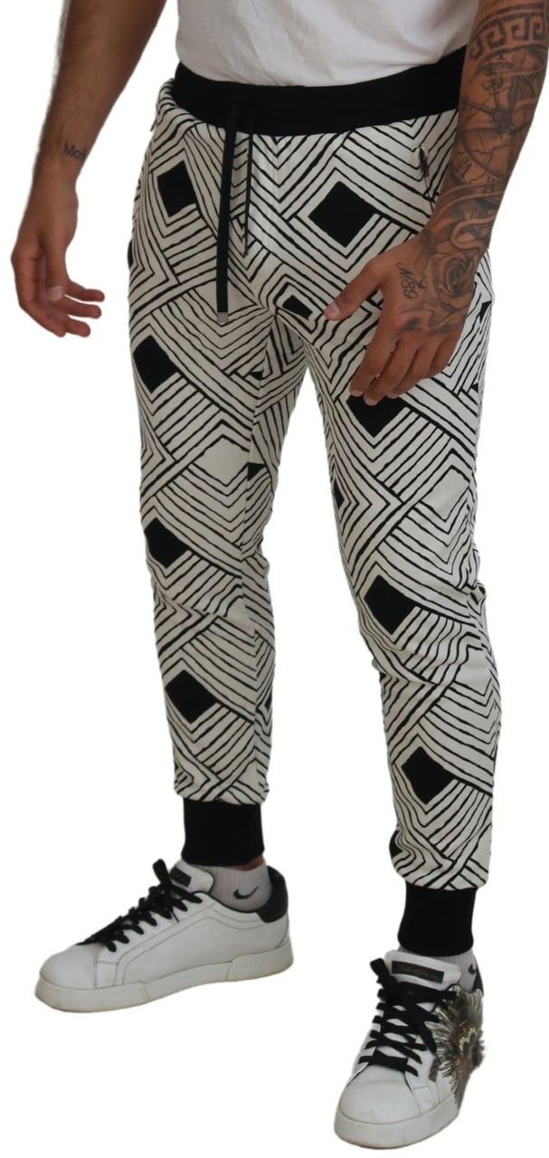Dolce & Gabbana Black White Cotton Trousers Sport Pants Zwart