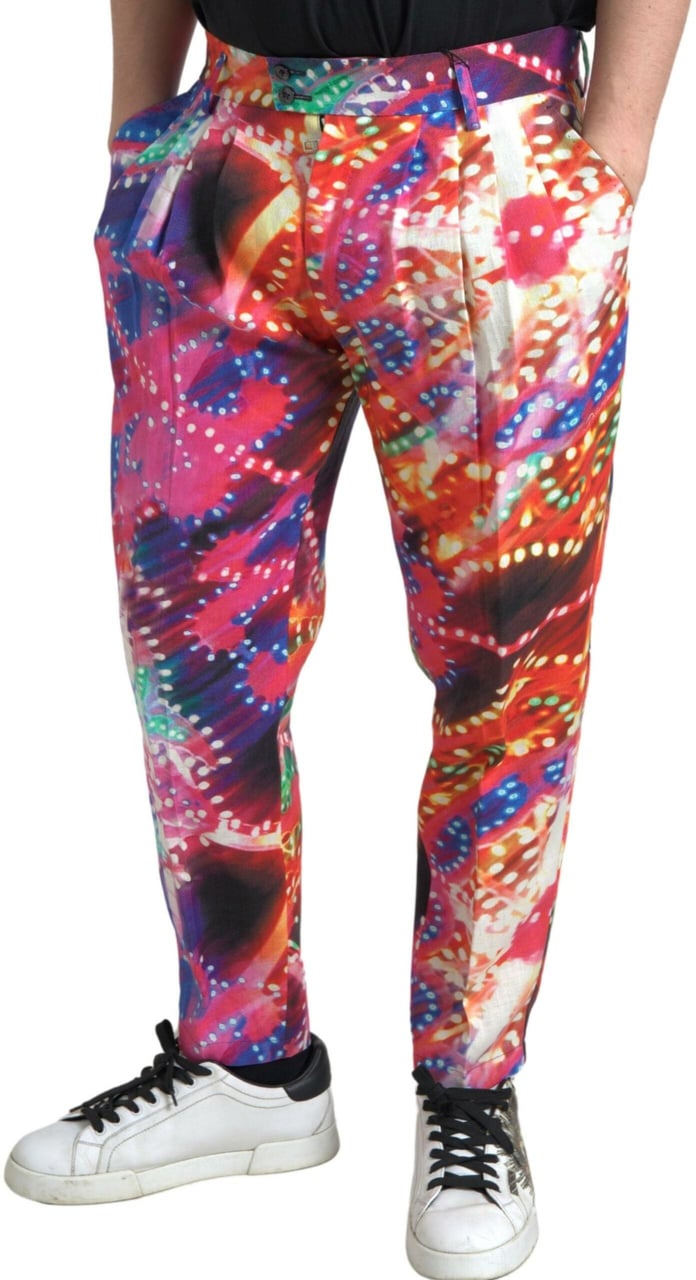 Dolce & Gabbana Multicolor Printed Linen Men Trouser Pants Divers