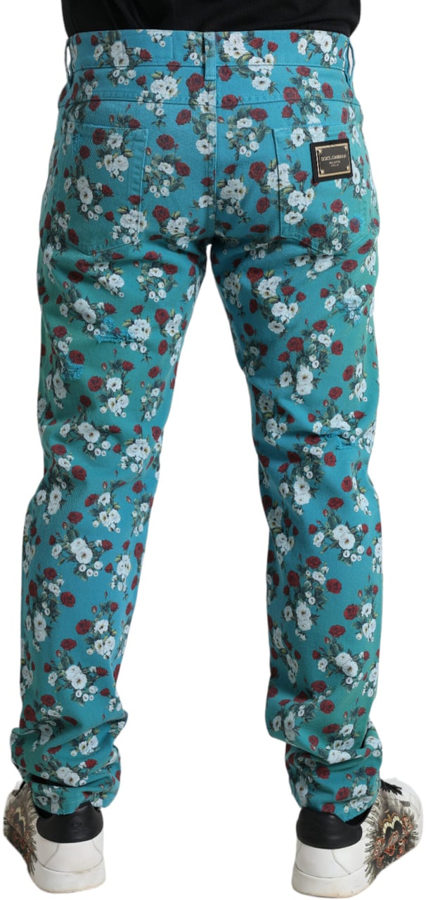 Dolce & Gabbana Blue Floral Print Skinny Cotton Denim Pants Blauw