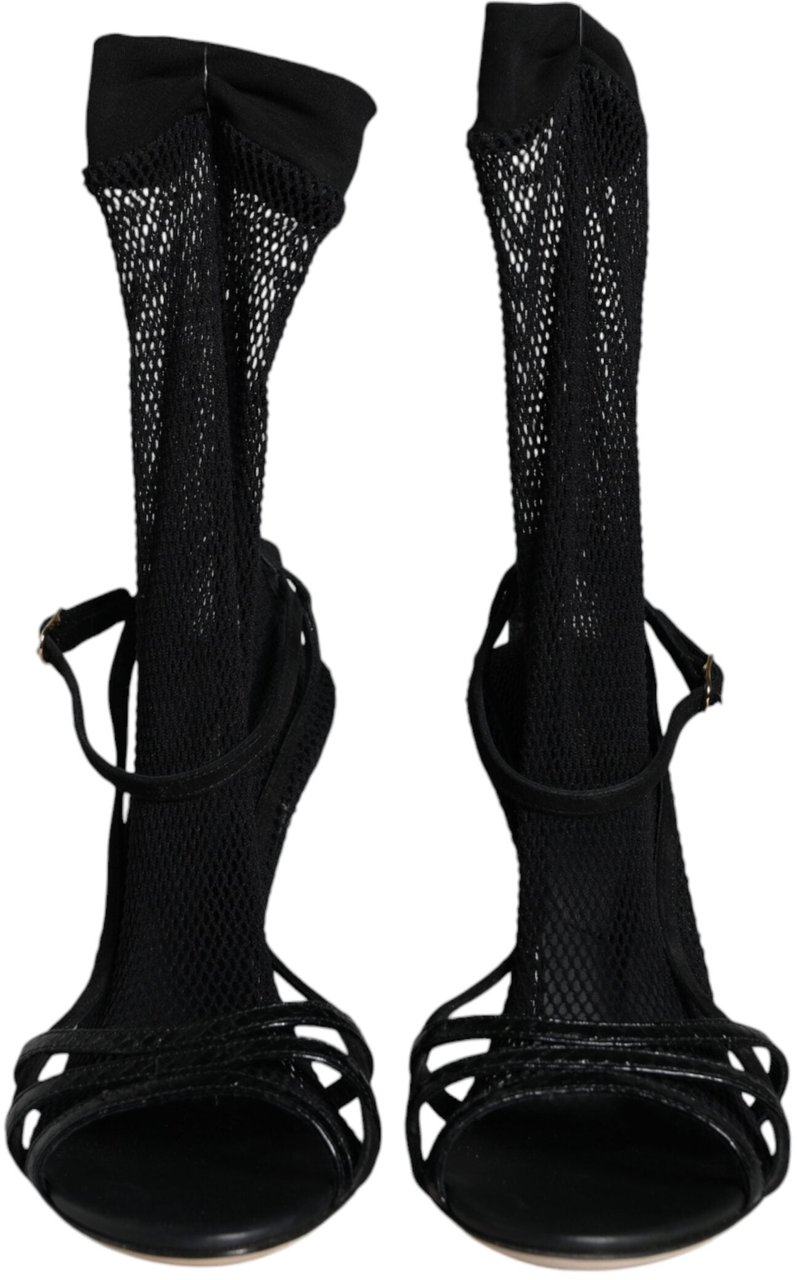 Dolce & Gabbana Black Mesh Stiletto Heels Sandals Shoes Zwart