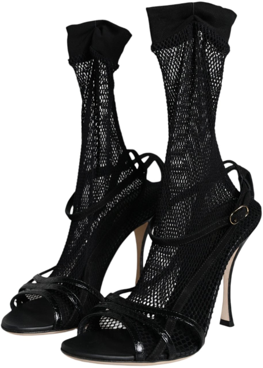 Dolce & Gabbana Black Mesh Stiletto Heels Sandals Shoes Zwart