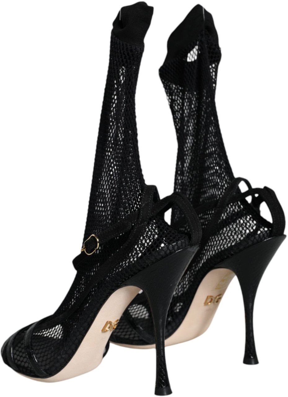 Dolce & Gabbana Black Mesh Stiletto Heels Sandals Shoes Zwart