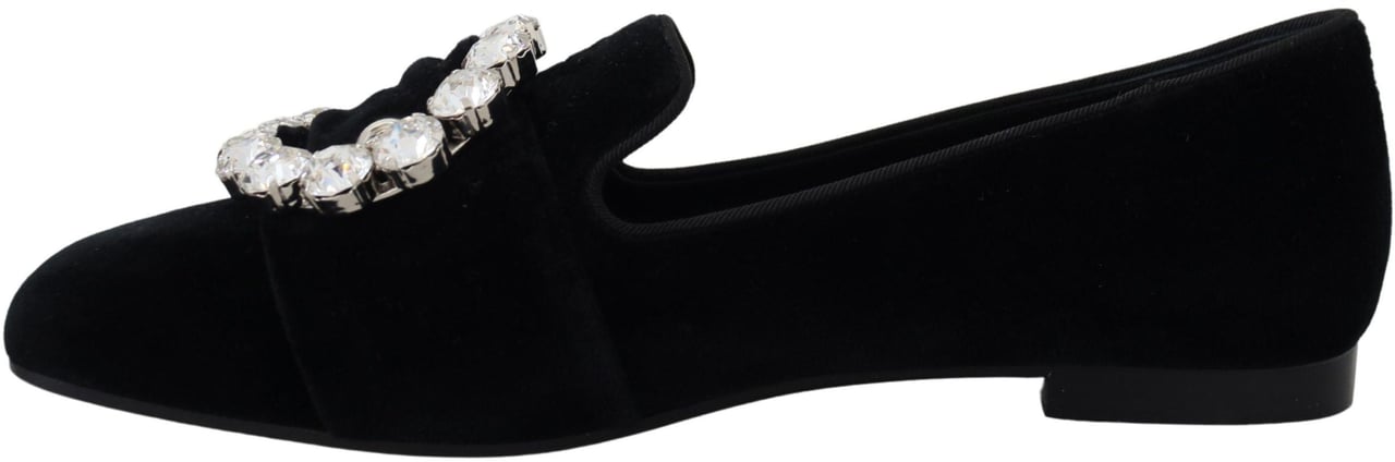 Dolce & Gabbana Black Velvet Crystals Loafers Flats Shoes Zwart