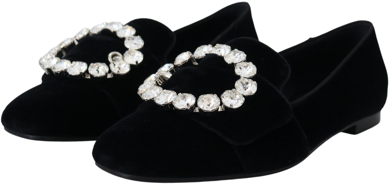 Dolce & Gabbana Black Velvet Crystals Loafers Flats Shoes Zwart