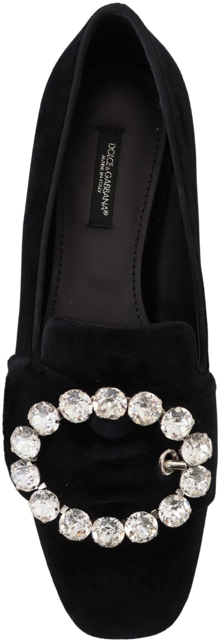 Dolce & Gabbana Black Velvet Crystals Loafers Flats Shoes Zwart