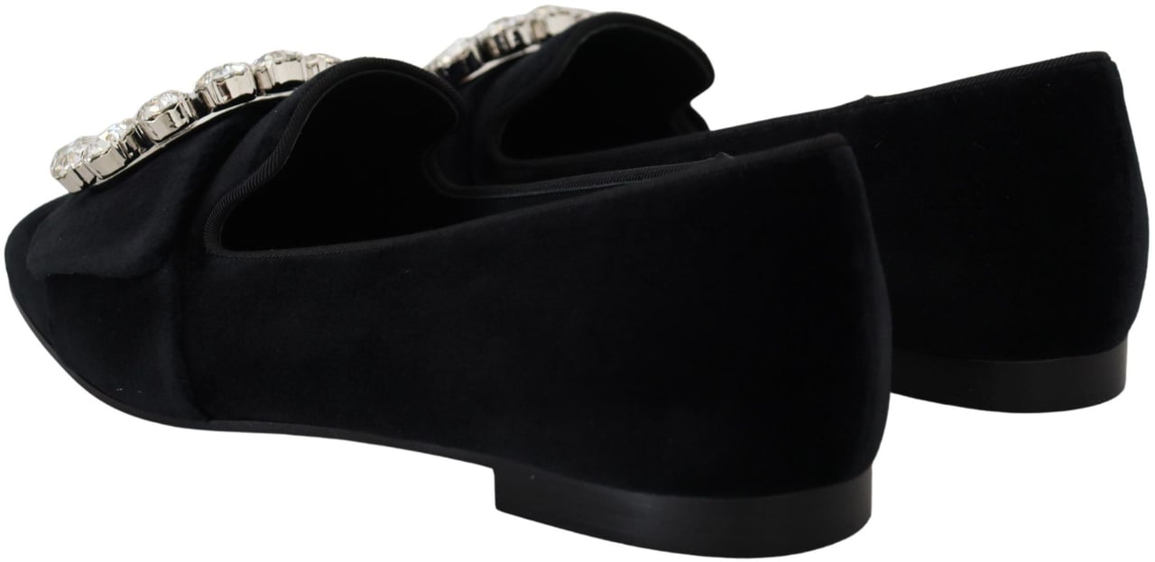 Dolce & Gabbana Black Velvet Crystals Loafers Flats Shoes Zwart