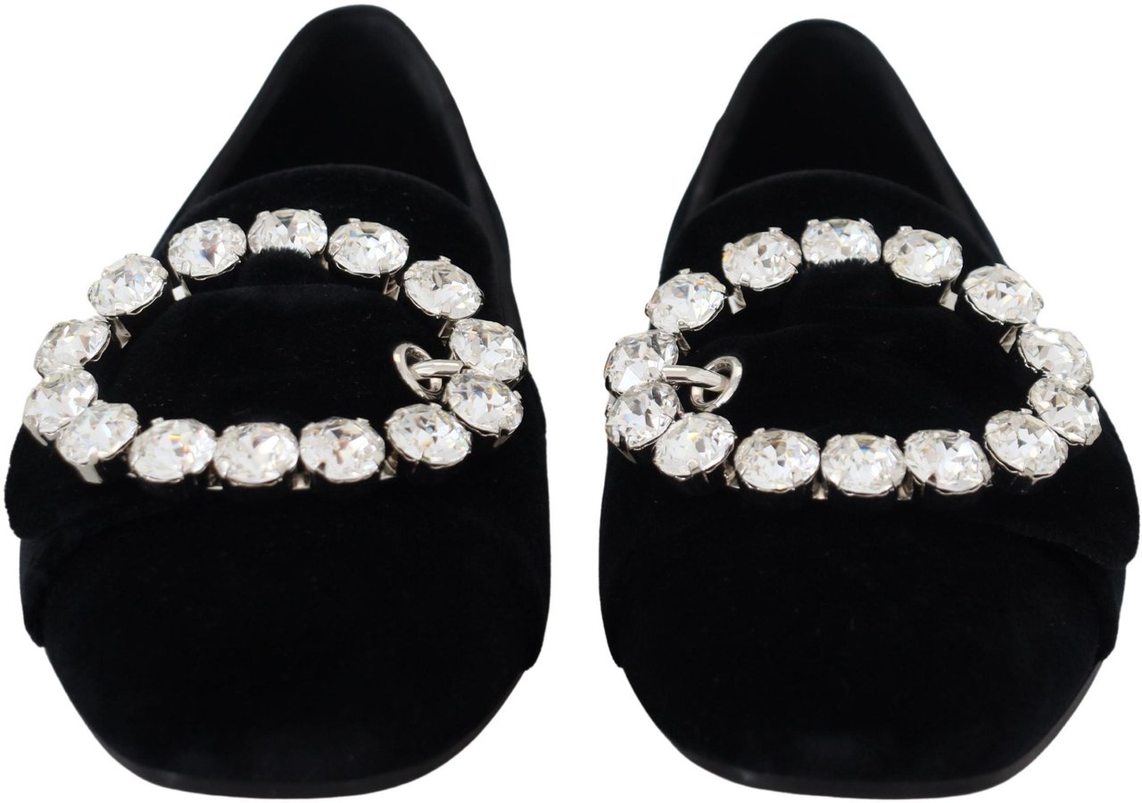 Dolce & Gabbana Black Velvet Crystals Loafers Flats Shoes Zwart