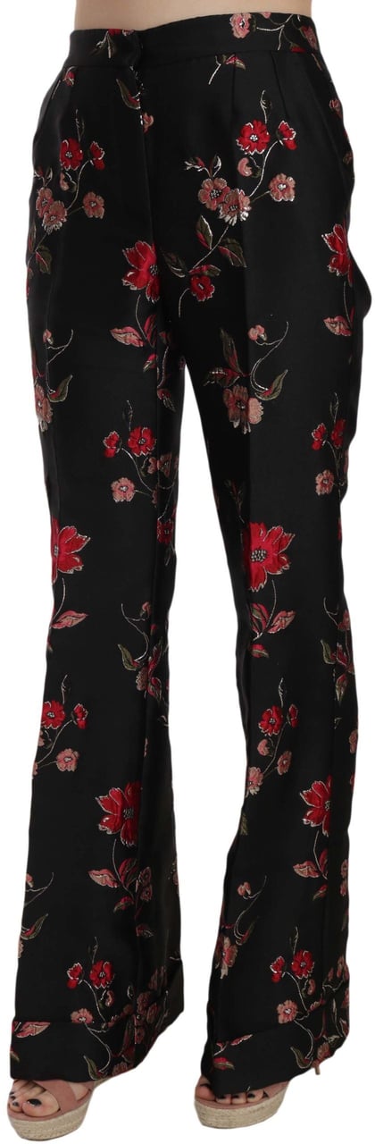 Dolce & Gabbana Floral Print Black Boot Cut Trouser Pants Zwart