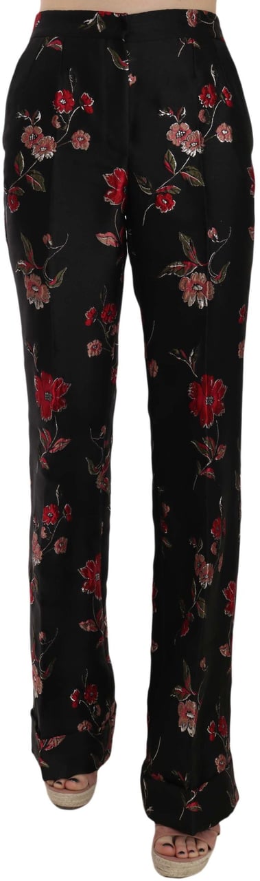 Dolce & Gabbana Floral Print Black Boot Cut Trouser Pants Zwart