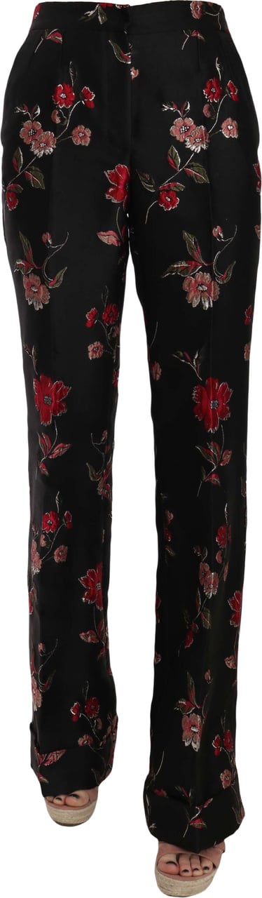 Dolce & Gabbana Floral Print Black Boot Cut Trouser Pants Zwart