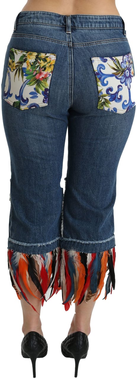 Dolce & Gabbana Blue Feathers Low Waist Cropped Cotton Jeans Blauw