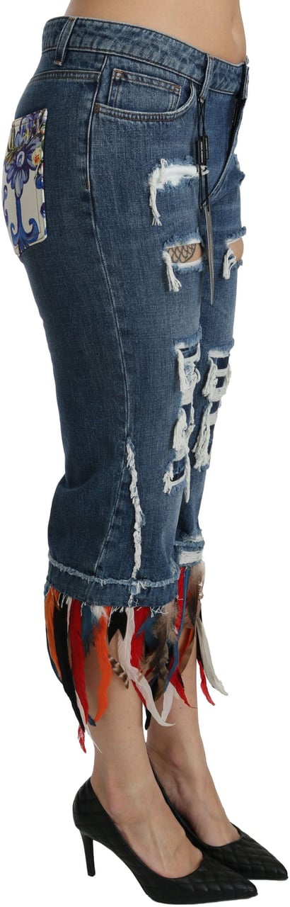 Dolce & Gabbana Blue Feathers Low Waist Cropped Cotton Jeans Blauw