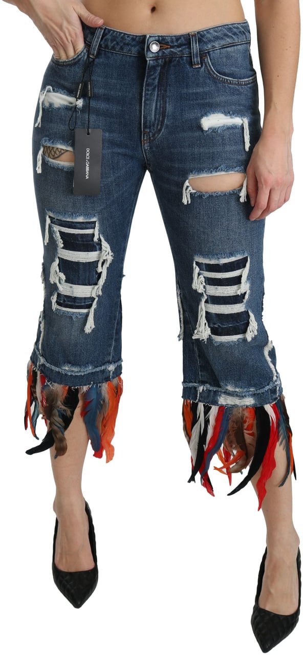 Dolce & Gabbana Blue Feathers Low Waist Cropped Cotton Jeans Blauw
