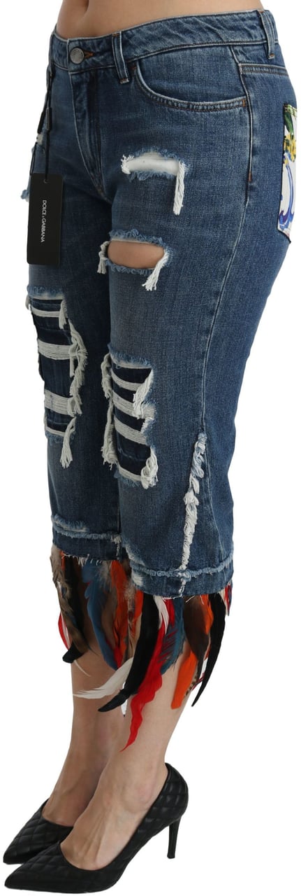 Dolce & Gabbana Blue Feathers Low Waist Cropped Cotton Jeans Blauw