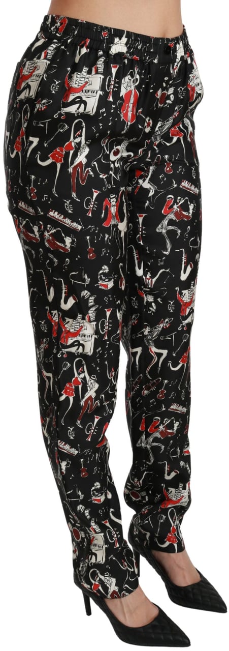 Dolce & Gabbana Black Silk Instrument Mid Waist Pants Zwart