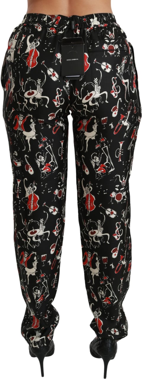 Dolce & Gabbana Black Silk Instrument Mid Waist Pants Zwart