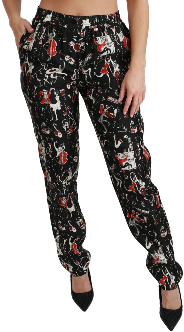 Dolce & Gabbana Black Silk Instrument Mid Waist Pants Zwart