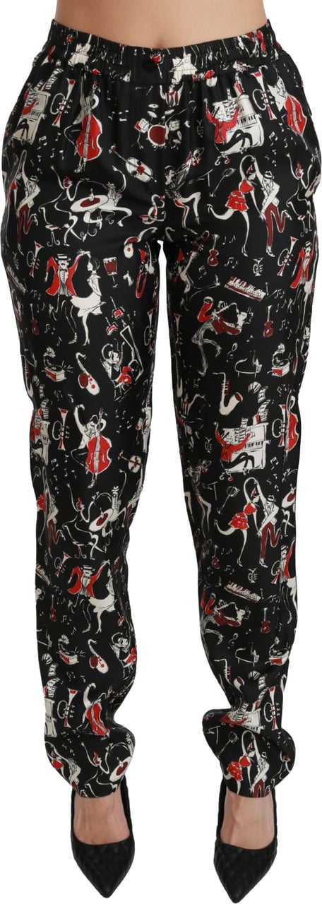 Dolce & Gabbana Black Silk Instrument Mid Waist Pants Zwart