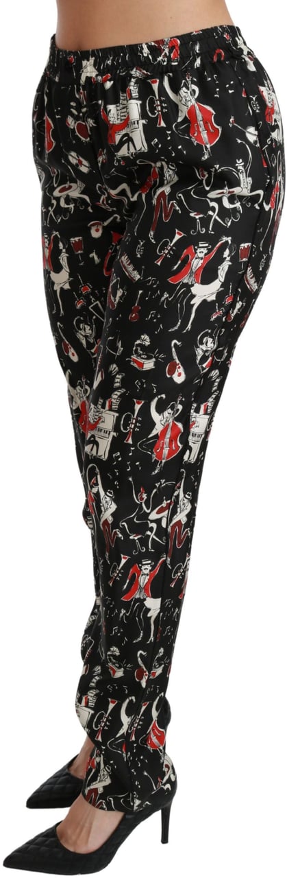 Dolce & Gabbana Black Silk Instrument Mid Waist Pants Zwart