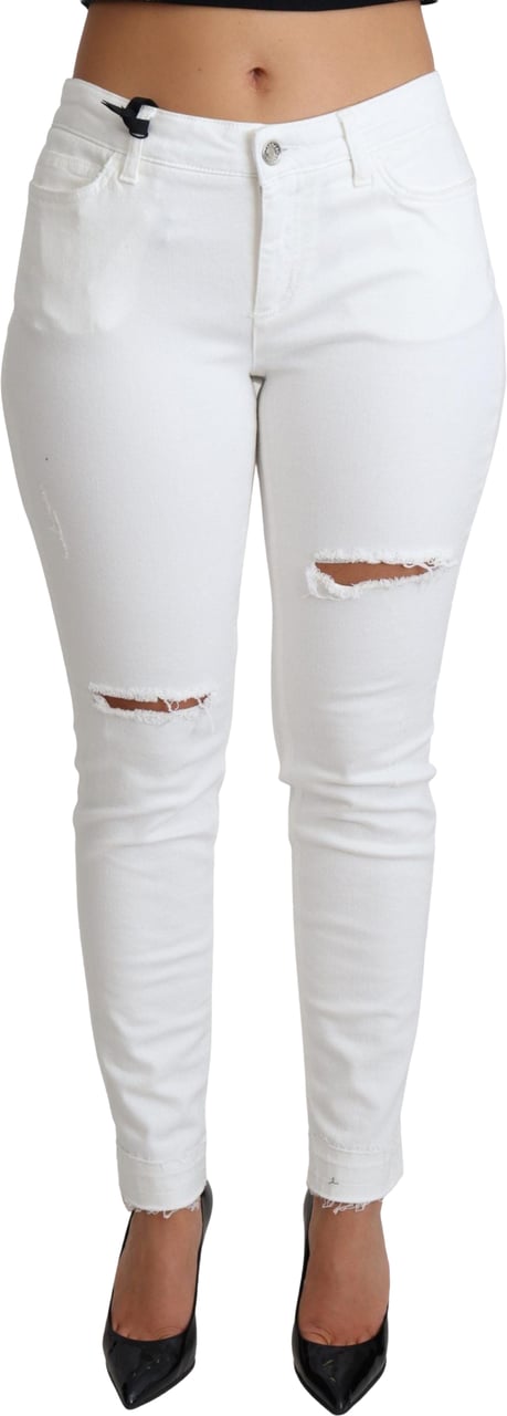 Dolce & Gabbana White Tattered Skinny Denim Cotton Stretch Jeans Wit