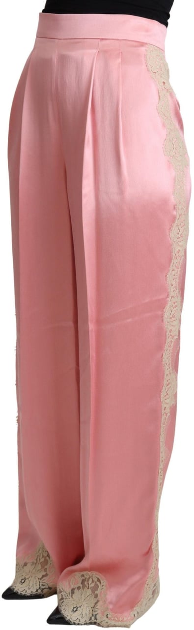 Dolce & Gabbana Pink Lace Trimmed Silk Satin Wide Legs Pants Roze