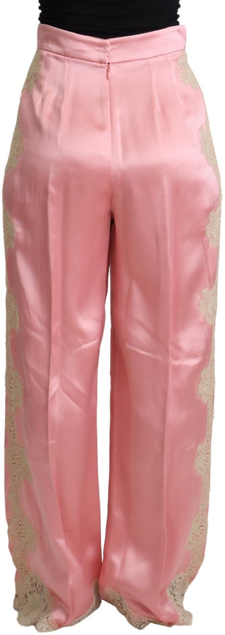 Dolce & Gabbana Pink Lace Trimmed Silk Satin Wide Legs Pants Roze