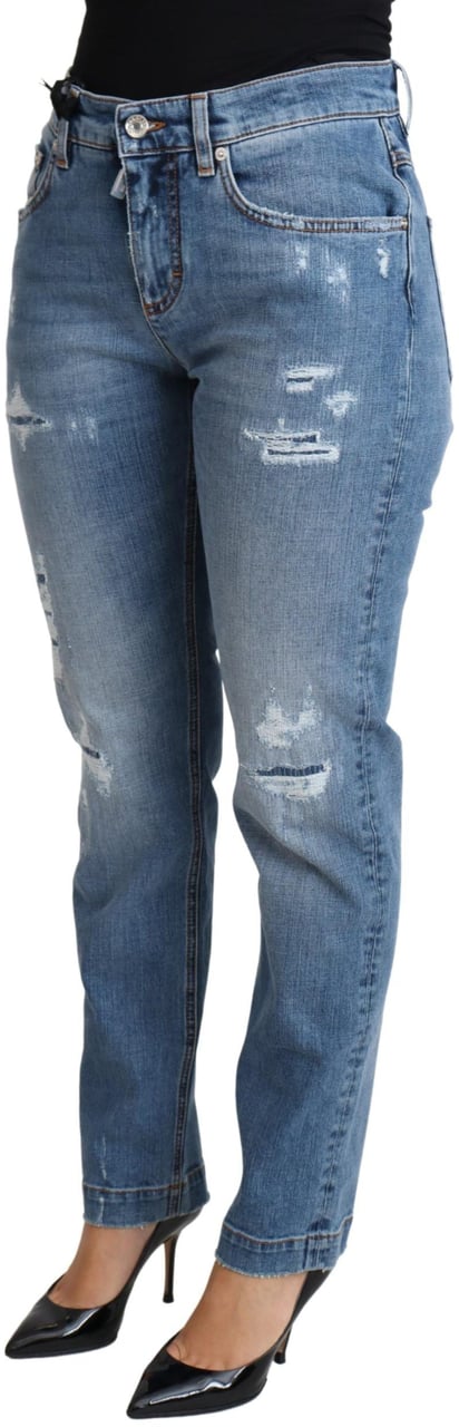 Dolce & Gabbana Blue Tattered Skinny Denim Cotton Blend Jeans Blauw